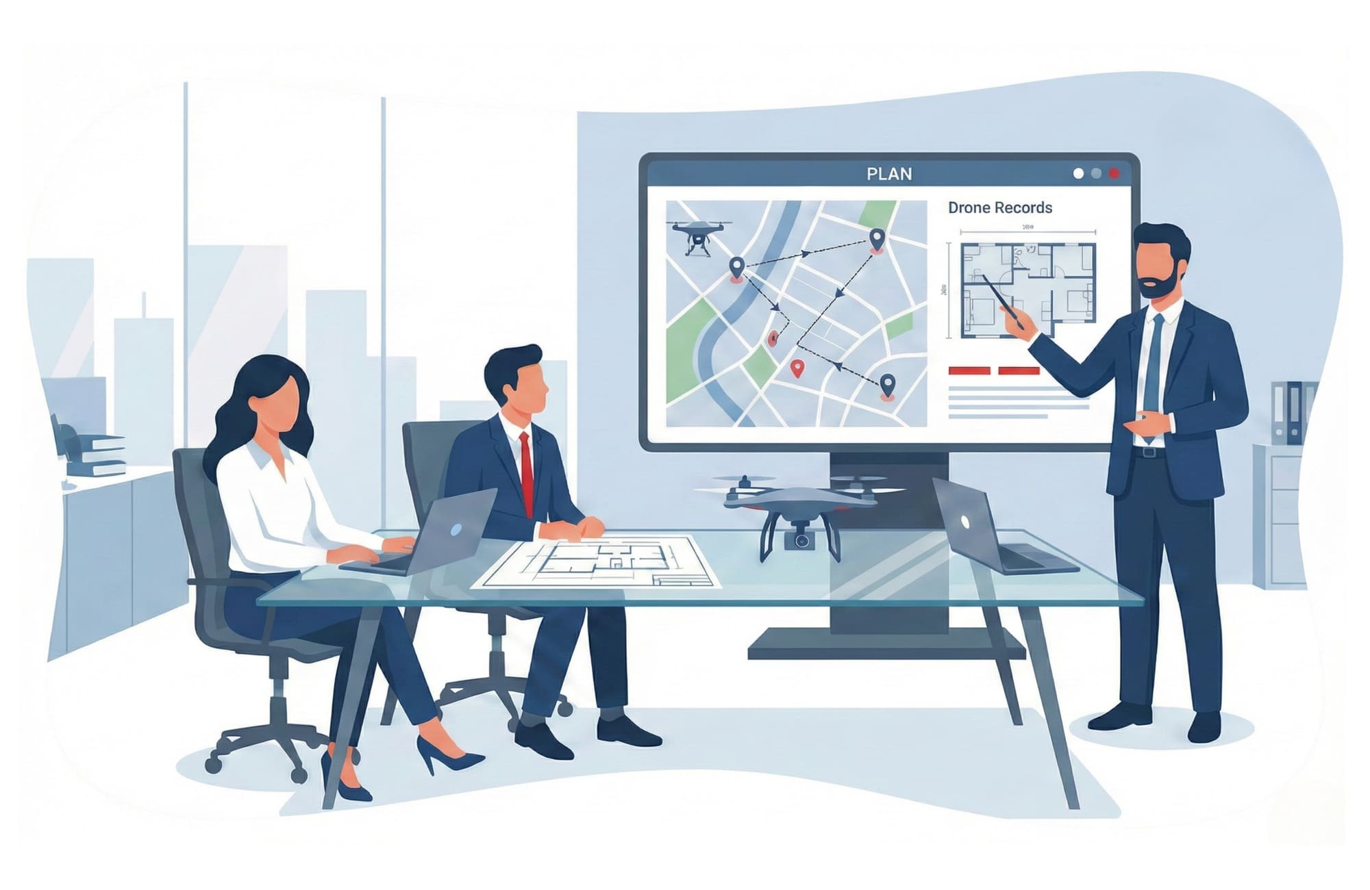 Illustration einer Beratungssituation mit einem Plan auf einem Whiteboard, Symbol für Kontakt und Konsultation vor dem Drohnenprojekt