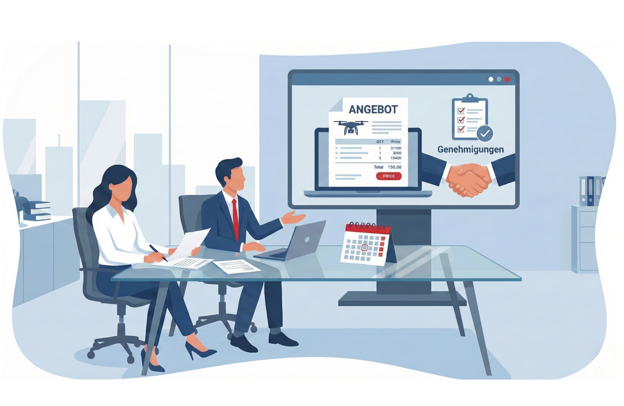Illustration von zwei Laptops mit einem Vertragsdokument, Symbol für Angebotserstellung und Vorbereitung von Drohnenaufträgen