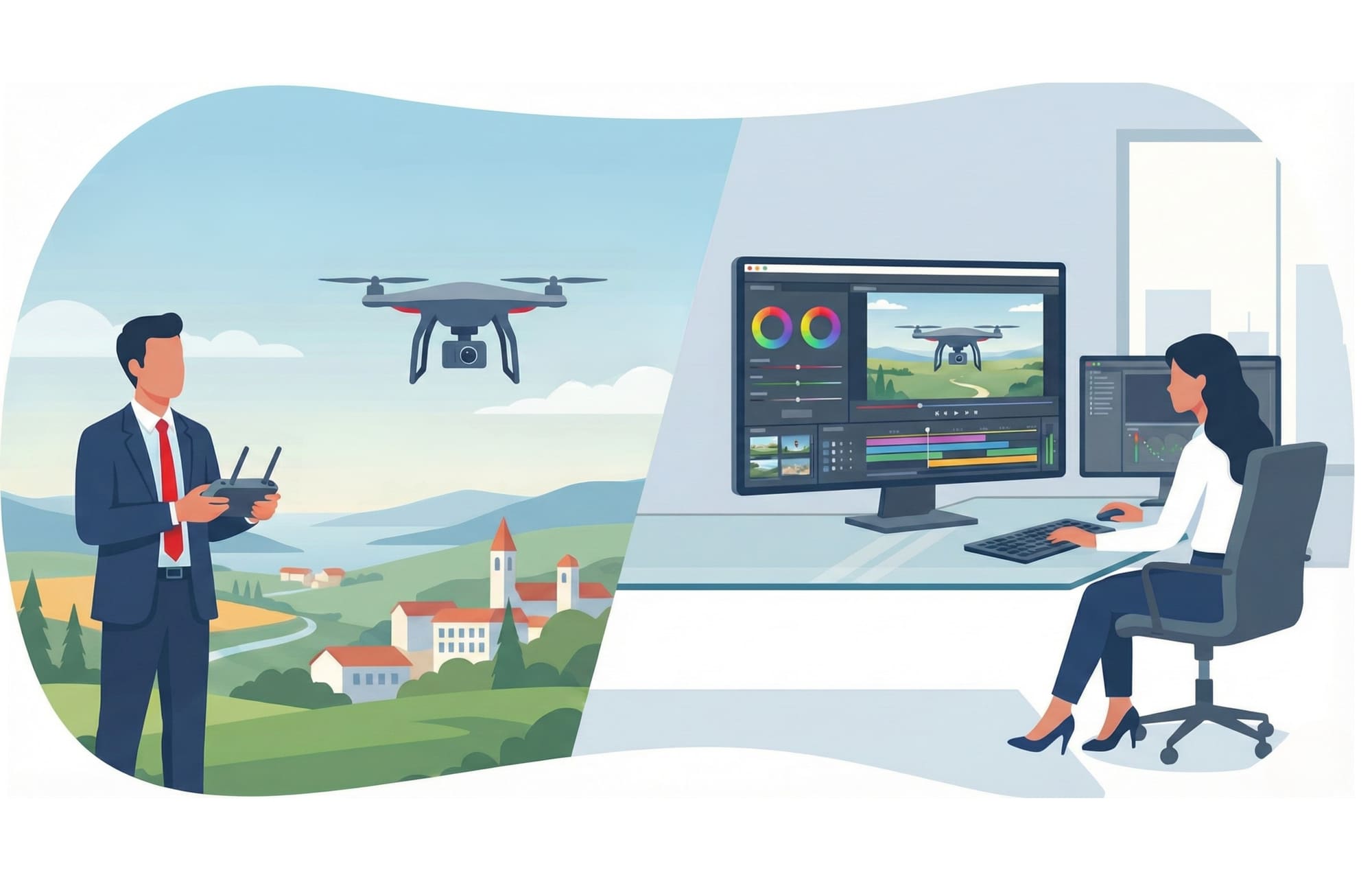 Illustration von Drohnen und Wolken, Symbol für Durchführung von Drohnenflügen und Nachbearbeitung der Aufnahmen