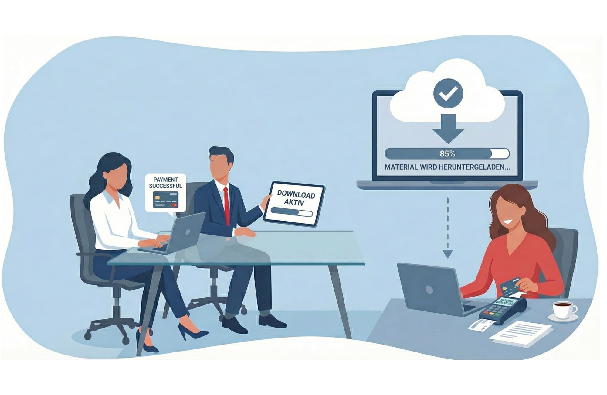 Illustration eines Kartenlesegeräts mit Kreditkarte und Beleg, Symbol für Zahlung und Übergabe der fertigen Drohnenaufnahmen